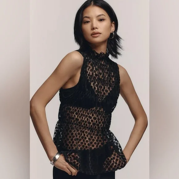 Maeve Smocked High-Neck Tiered Tank Top Black NWT - Picture 1 of 8